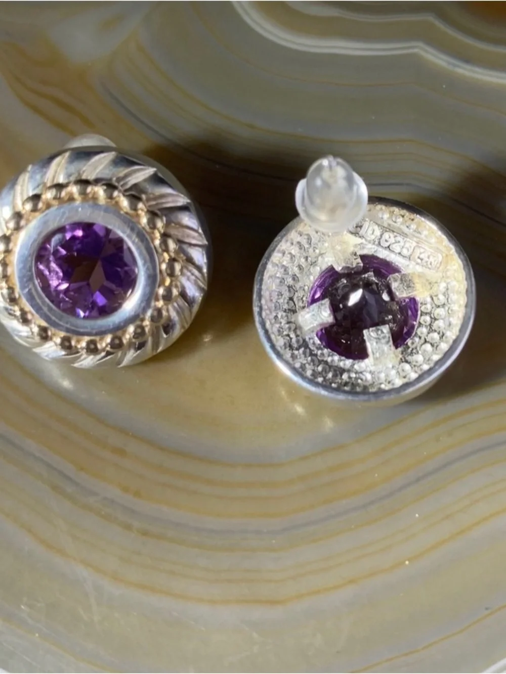 Vintage Sterling Silver 14K Gold Amethyst Two-Tone Beaded Stud Earrings Signed.